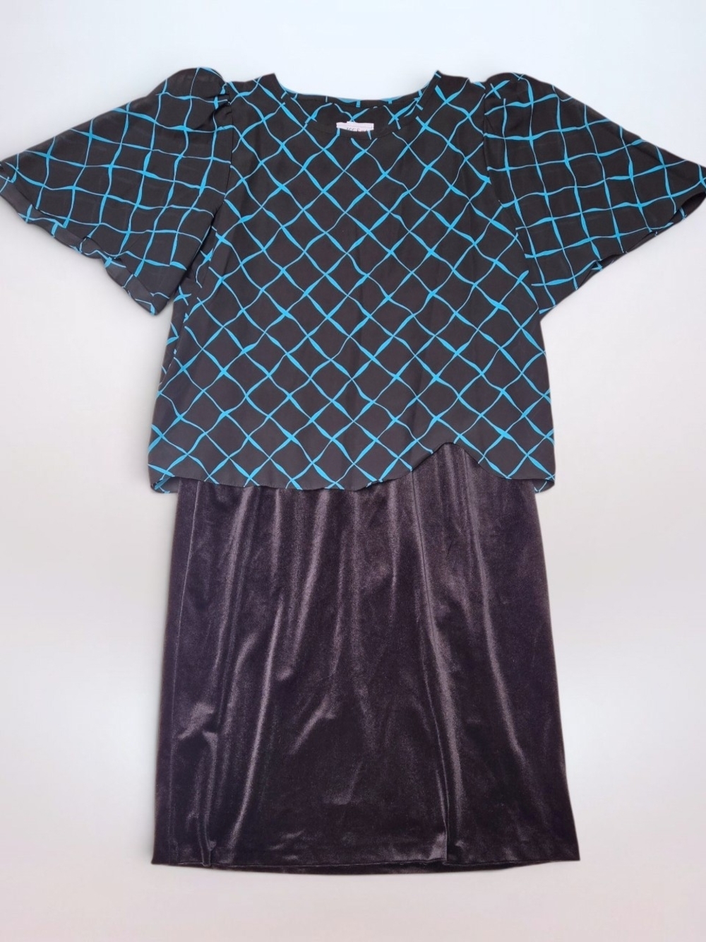 Vintage 80s Black Teal Pattern Twofer Dress (Size 18)